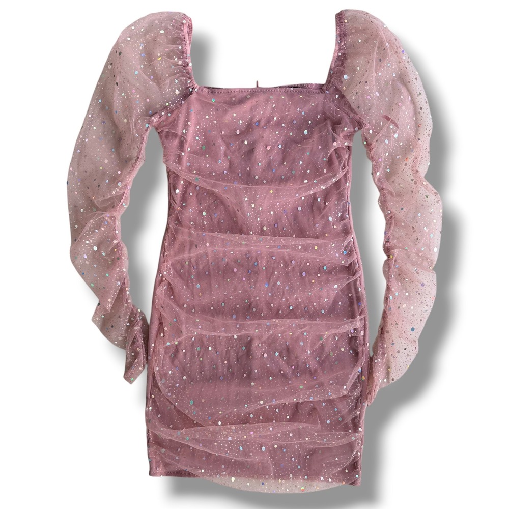 Double Crazy M Dusty Pink Sequin Ruched Mesh Puff Long Sleeve Bodycon Mini Dress